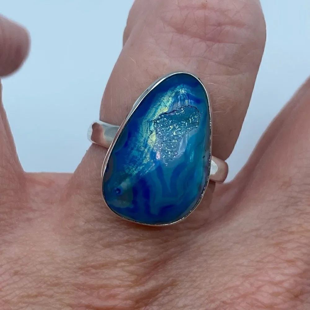 Marine Blue Aura Druzy Sterling Silver Ring Jewelry Size 9